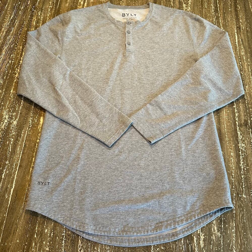 BYLT Lux Drop Cut Long Sleeve Henley Shirt Performance Basics Gray Men’s Size M